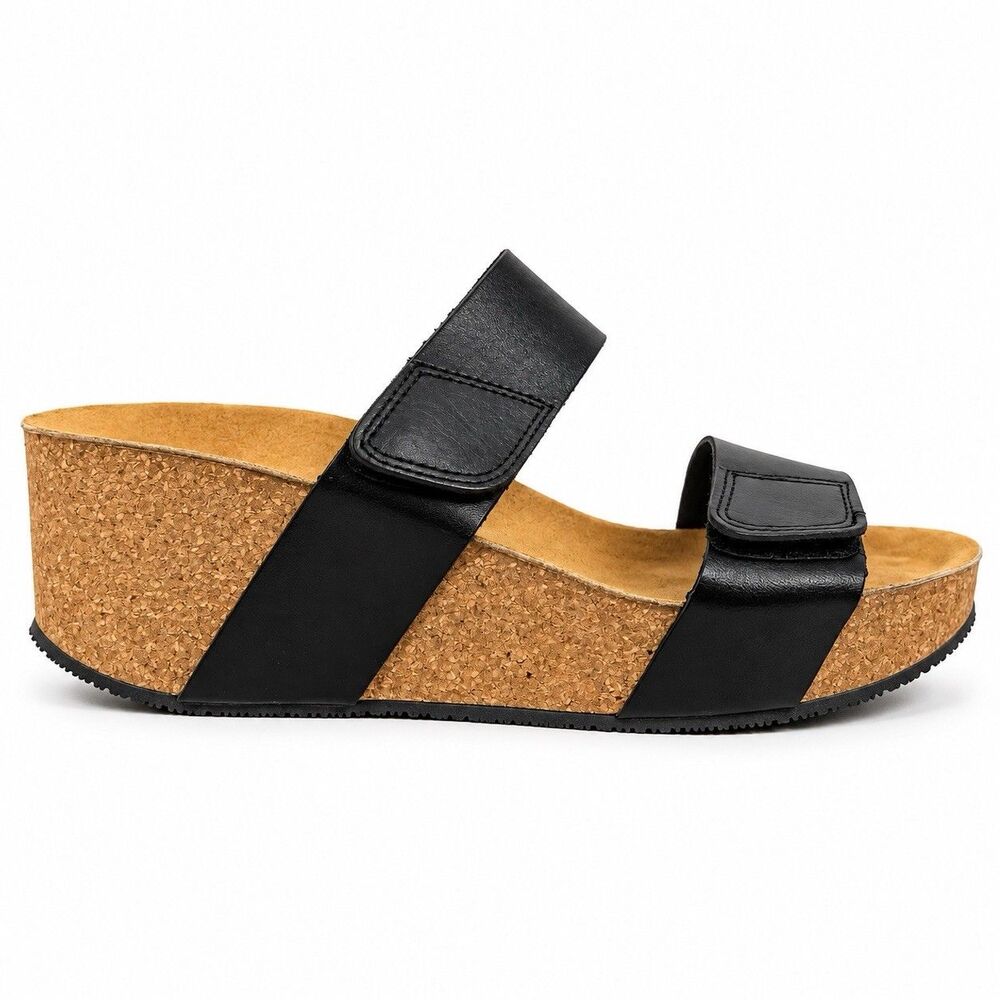 Ericmichael Women’s 41 Black Leather Cork Wedge Sandals Comfort Made in Portugal